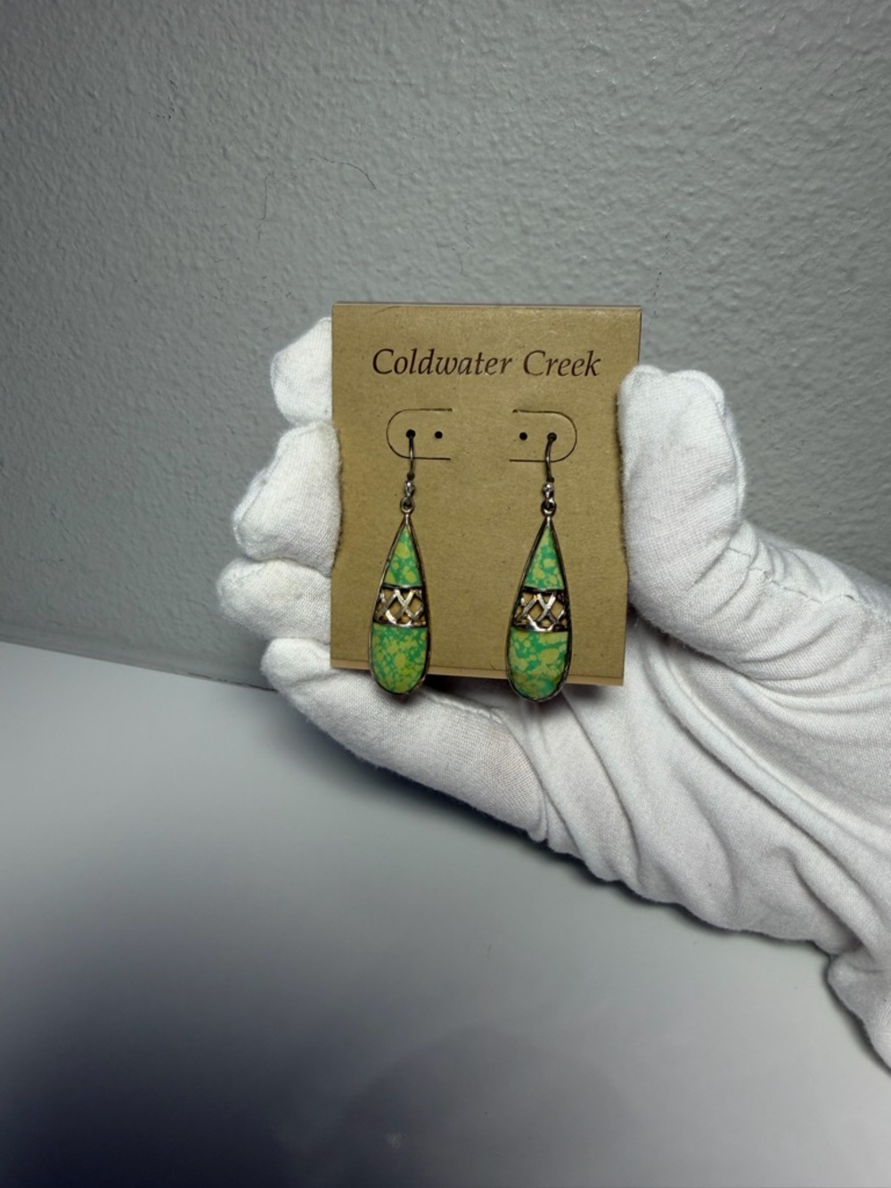 Coldwater Creek Green Mosaic Teardrop Earrings with Silver Detail